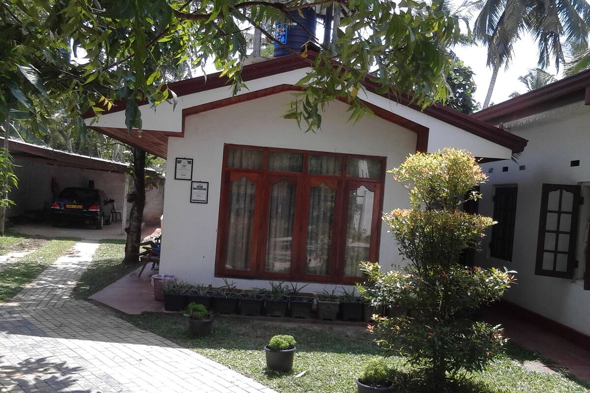 A small building with a white facade, a large window with red frames, and a small garden area with potted plants.
