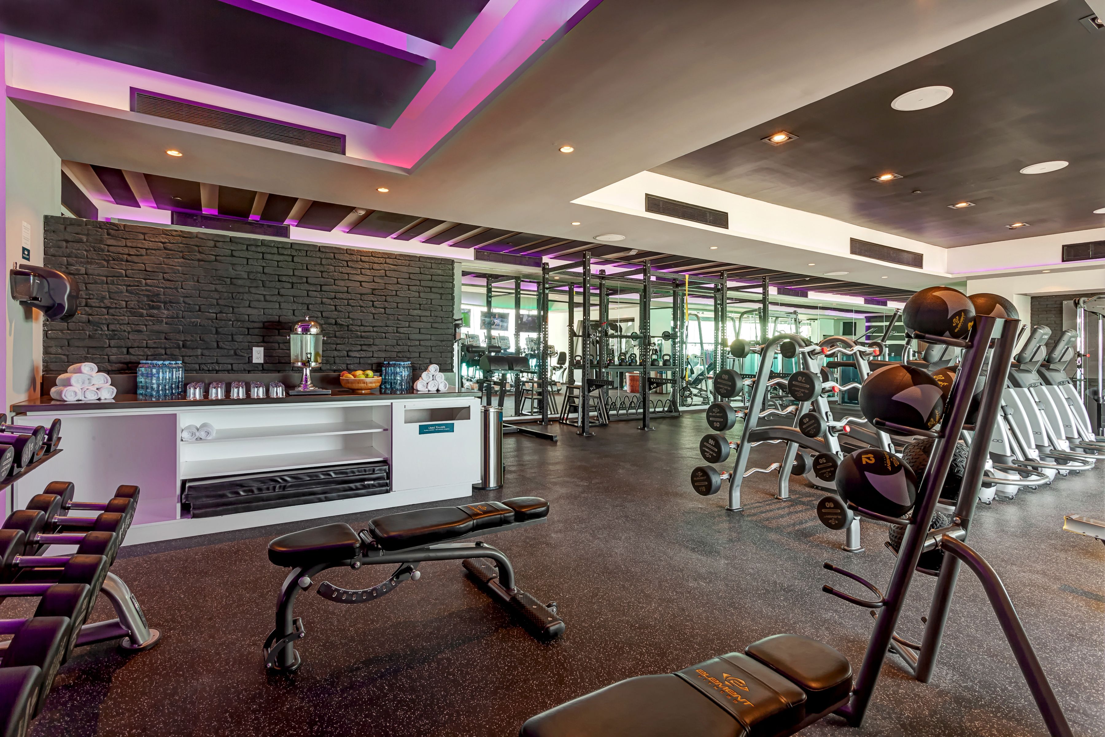 A modern gym with various exercise equipment, a bench, and a weight rack.