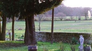 A stone wall, a large tree, and two potted plants in a grassy area. - Au Domaine de Rimou (Rimou)