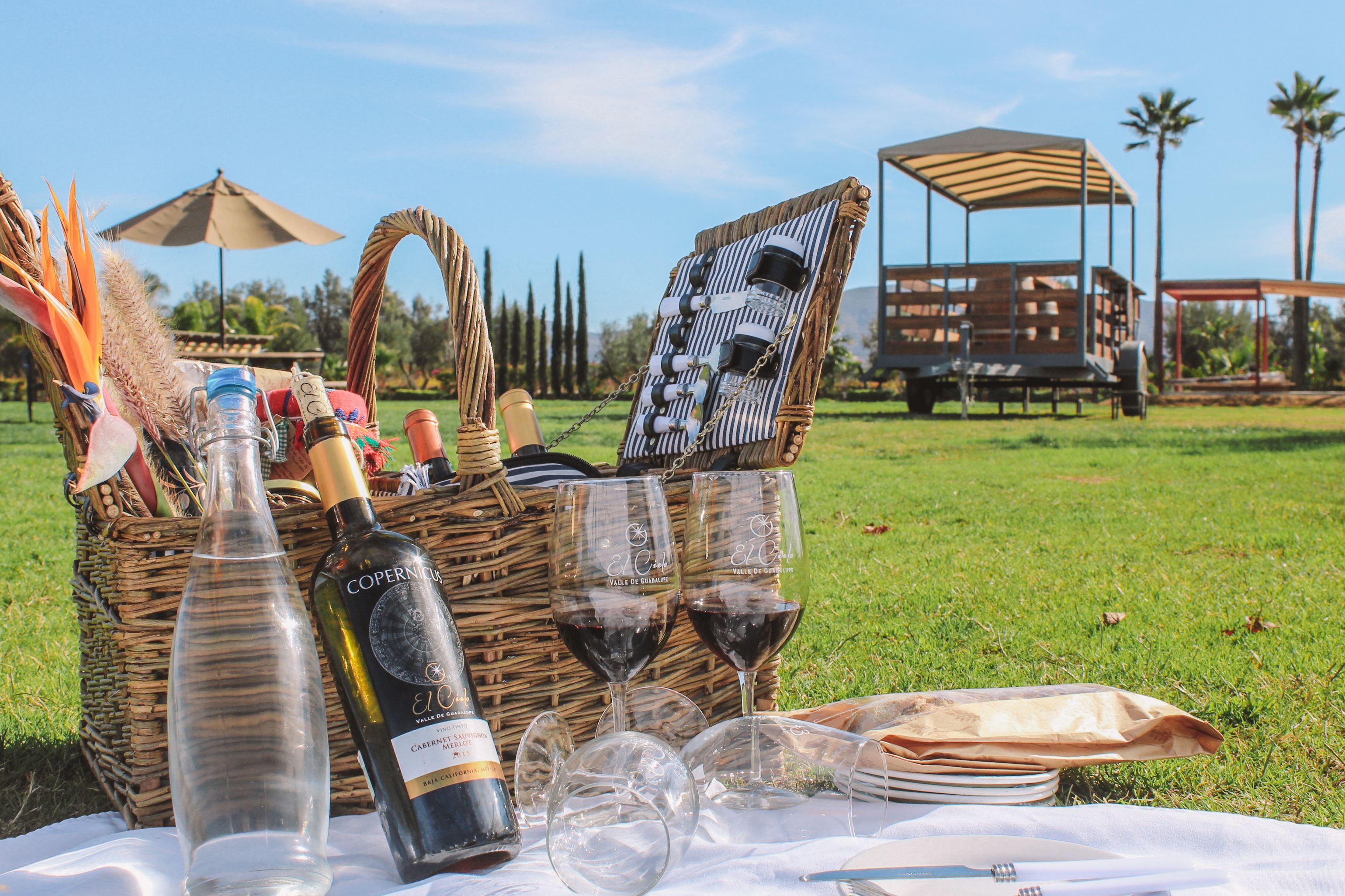 Un montaje para picnic con una cesta de mimbre, botellas de vino, copas y una mesa sobre un campo cubierto de césped.