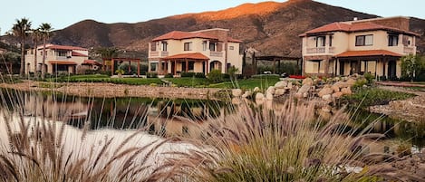Zona residencial con tres casas, un estanque y una montaña al fondo.