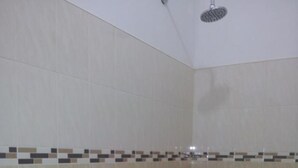 Un baño con inodoro, ducha y paredes de azulejos.