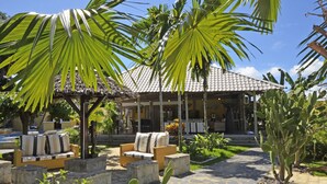 Un patio con mobiliario exterior, una estructura de techo de paja y una planta de cactus.