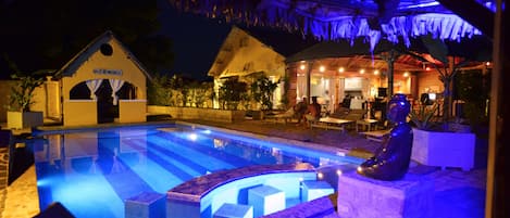 Outdoor pool, pool umbrellas, pool loungers