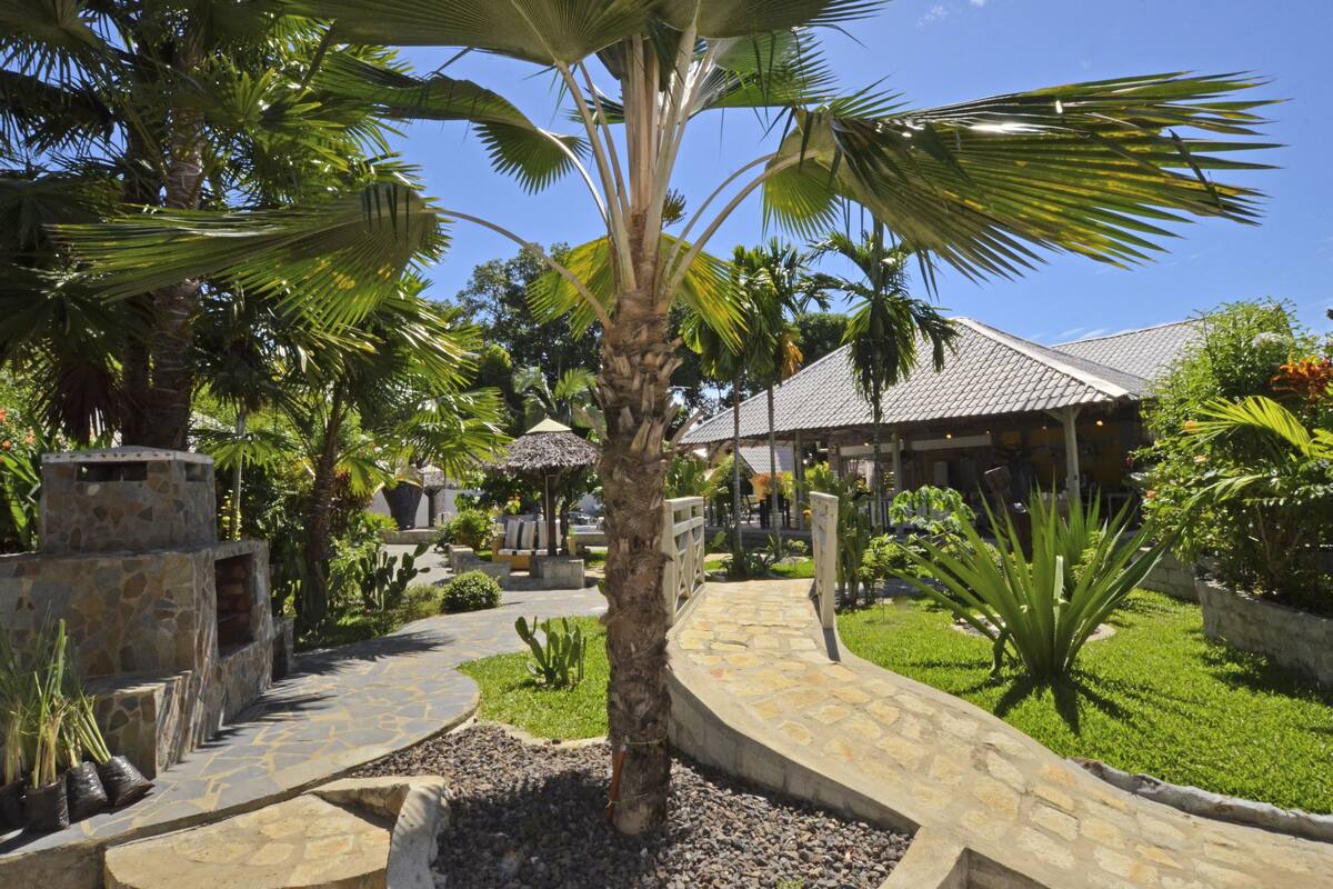 Un jardin tropical avec un palmier, des allées pavées et un bâtiment doté d’un toit en tuiles.
