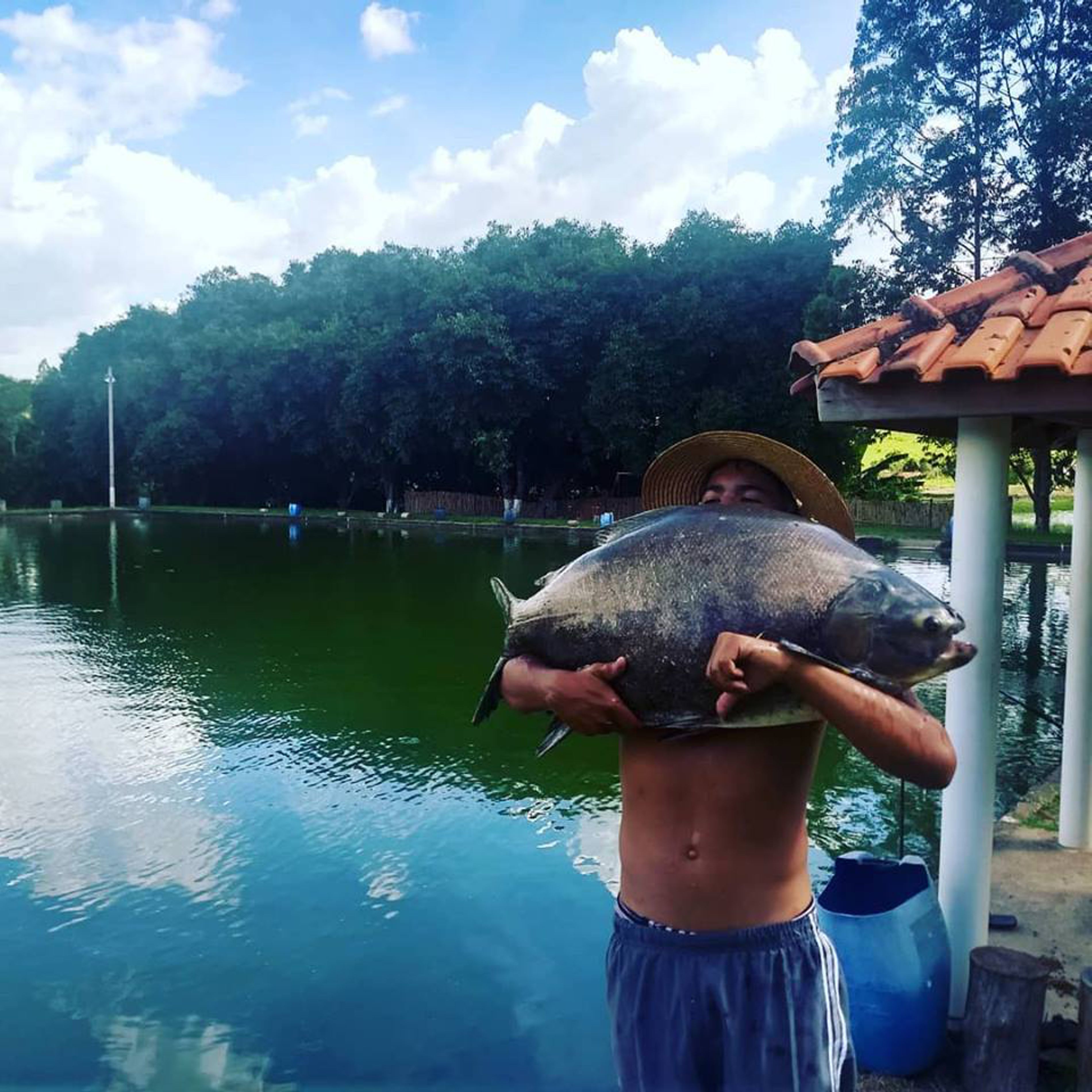 A person holding a large fish by a body of water with trees and a gazebo in the background.