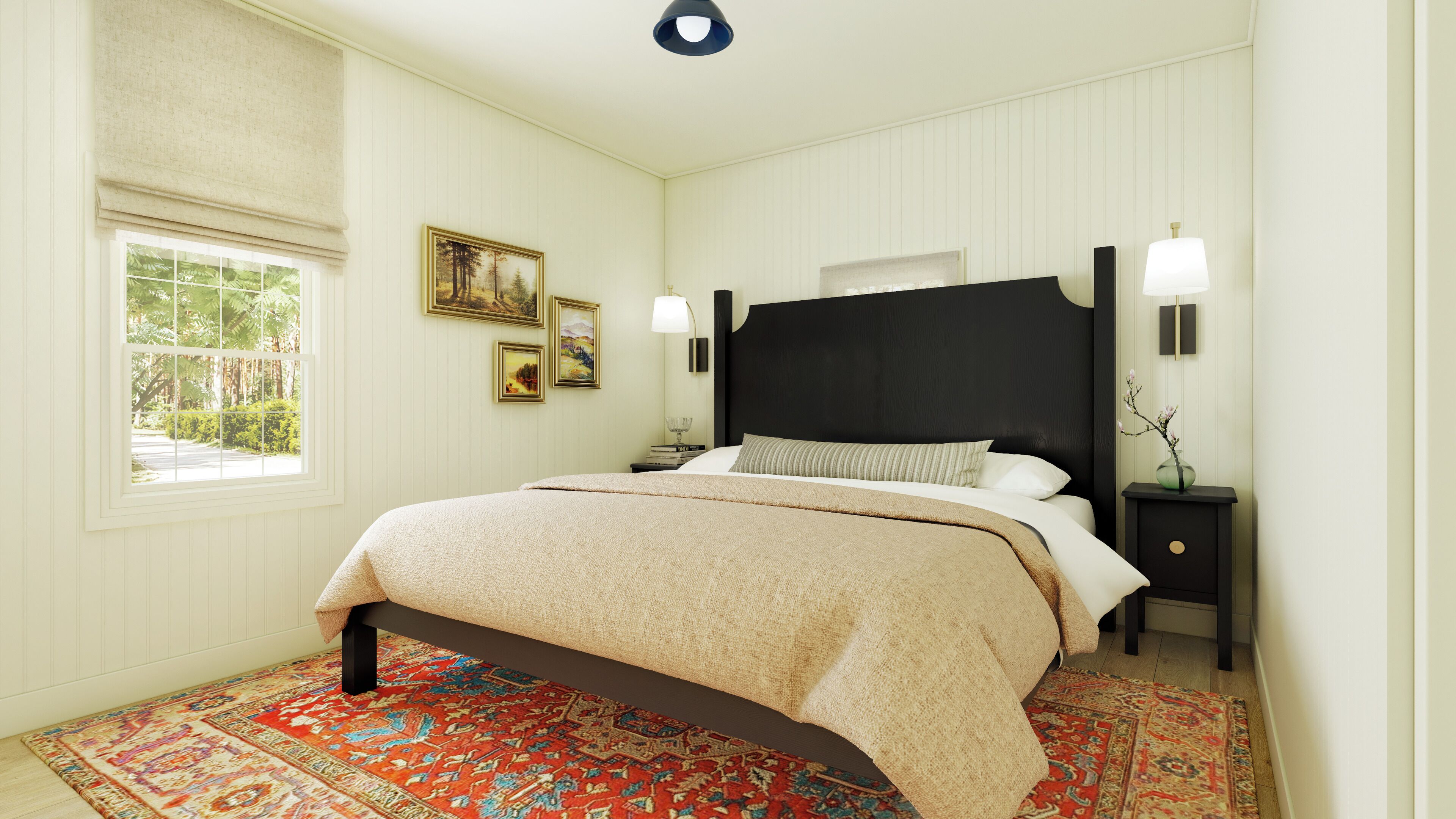 A bedroom with a large bed, a nightstand, a lamp, and a window with a view of greenery.