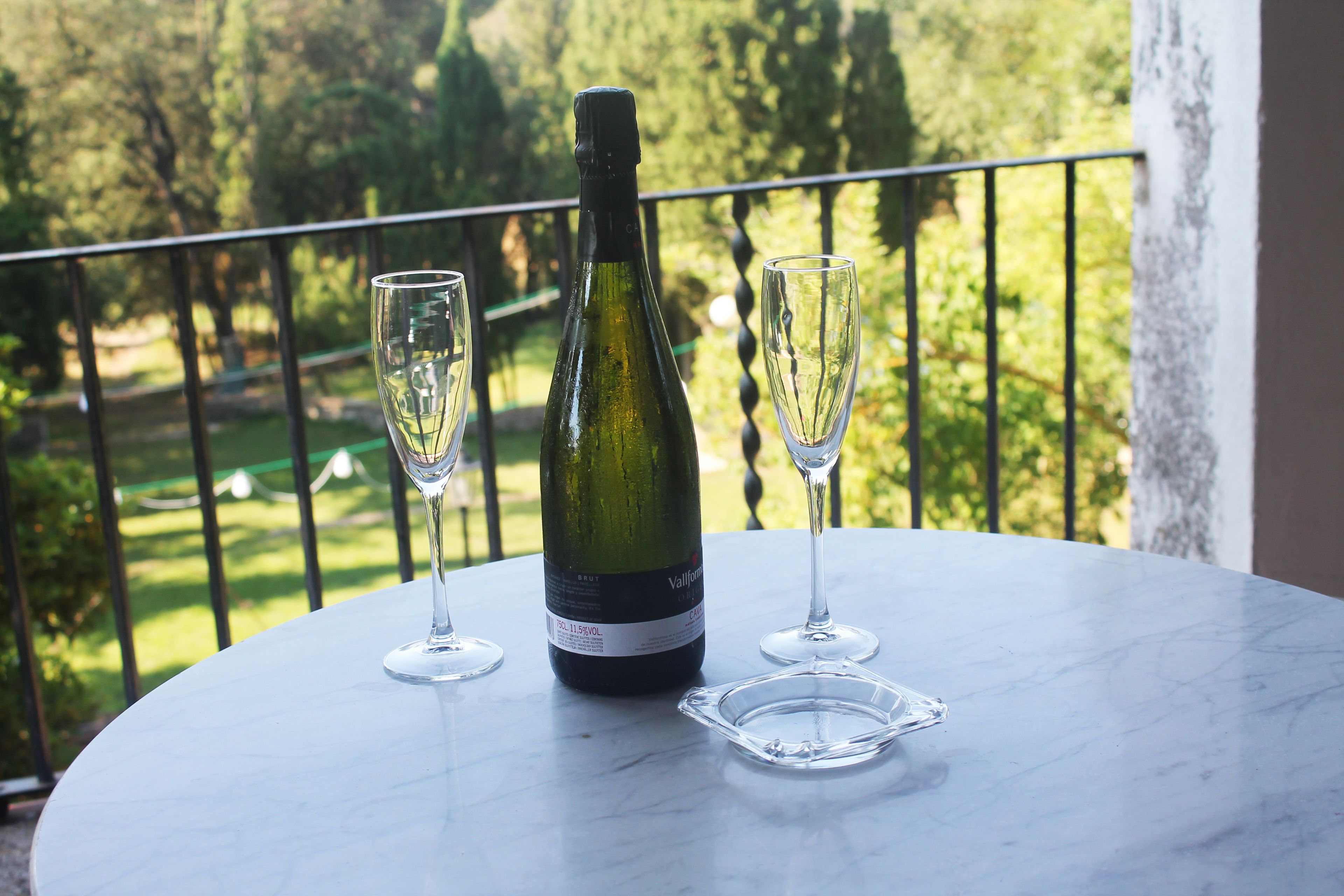 A bottle of wine and two glasses on a round table with a view of a garden and a balcony railing.