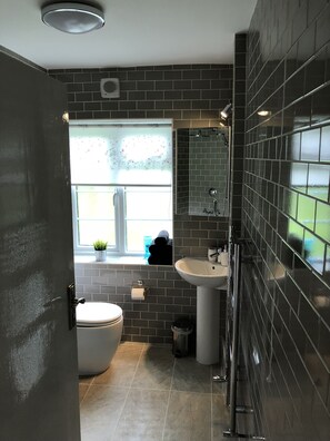 Appartement Deluxe, 3 chambres, non-fumeur, cuisine | Salle de bain | Douche, articles de toilette (gratuits), séchoir à cheveux