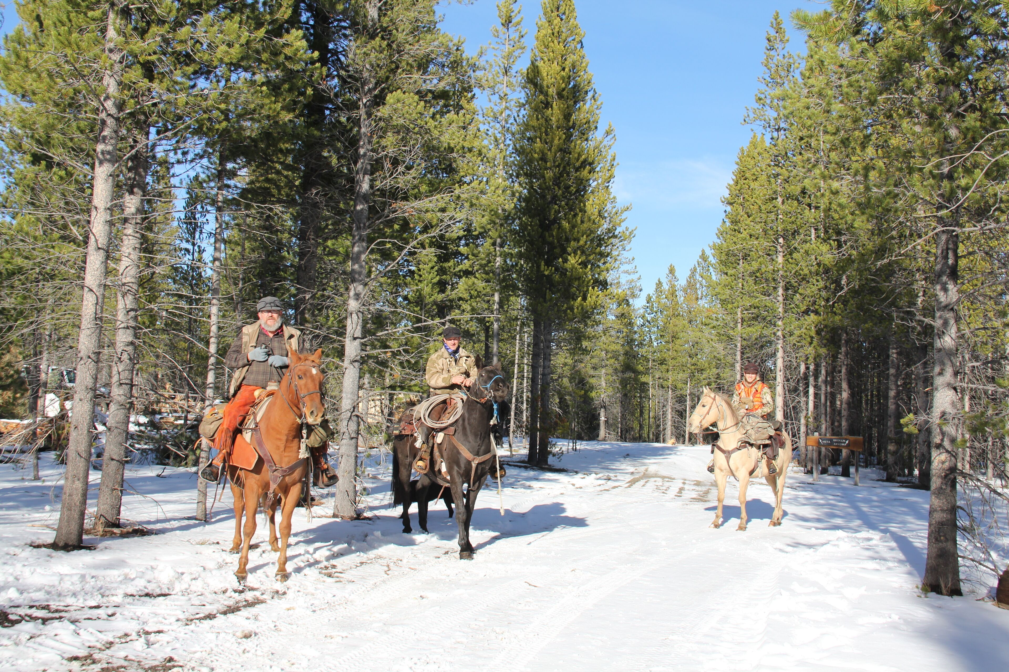 Três pessoas cavalgam cavalos por um caminho coberto de neve em meio a uma floresta.