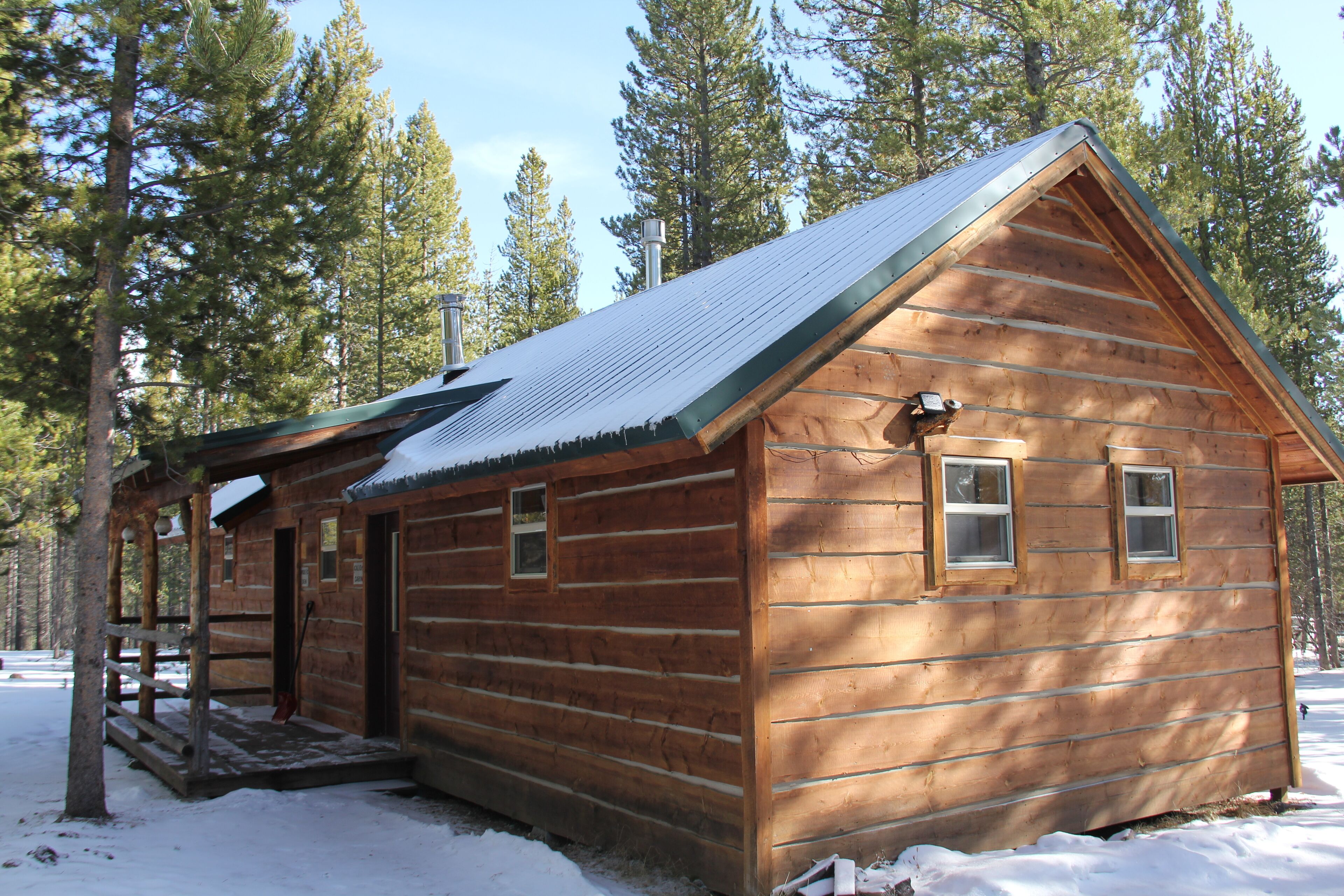 A wooden cabin with a snow-covered roof, surrounded by tall pine trees.