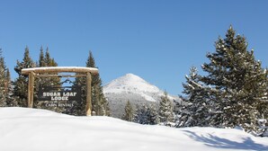 A wooden signpost with 'SUGAR LOAF LODGE' and 'CABIN RENTALS' written on it, surrounded by snow-covered trees and a mountain in the background. - Sugar Loaf Lodge & Cabins (Anaconda)