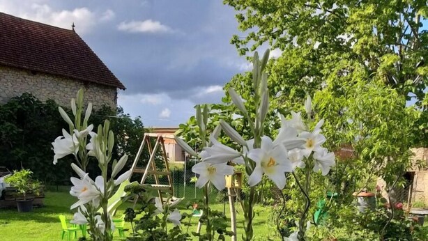 A garden with various flowers and a stone building in the background. - Duplex apartment very well located and quiet (Bretenoux)
