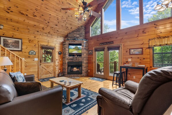 Cabin, 1 Bedroom | Living area | Flat-screen TV, fireplace, video-game console, DVD player