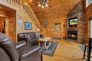 Cabin, 1 Bedroom | Living area | Flat-screen TV, fireplace, video-game console, DVD player