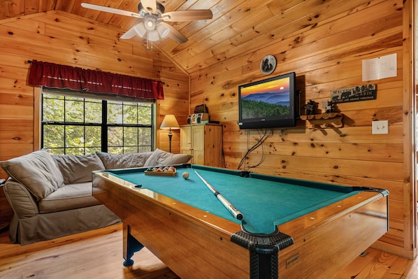 Cabin, 1 Bedroom | Living area | Flat-screen TV, fireplace, video game console, DVD player