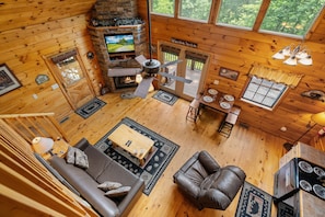 Cabin, 1 Bedroom | Living area | Flat-screen TV, fireplace, video game console, DVD player