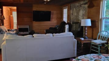 TV, fireplace, DVD player, books