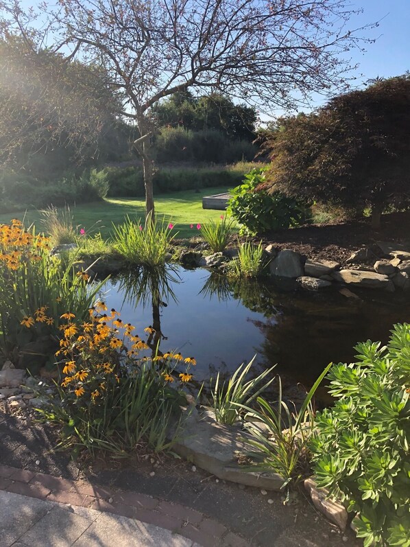 A serene garden with a pond, lush greenery, and a golf course in the background.