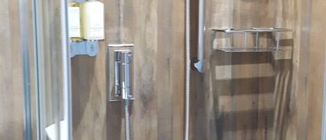 A glass-enclosed shower stall with a wooden wall, a handheld showerhead, a wall-mounted faucet, and a soap dispenser.