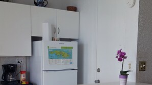 Una cocina con armarios blancos, un refrigerador con un mapa, una cafetera y una orquídea en maceta.
