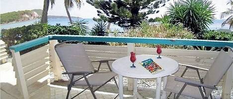 A balcony with two chairs and a table, a view of the sea, and a palm tree.
