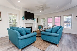 Smart TV, fireplace, video games, DVD player