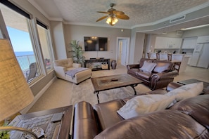 Condo, 2 Bedrooms | Living area | TV, DVD player - Stylish Oceanfront Condo with Beach and Picnic Area Access - Unit 1706 by RedAwning (Panama City Beach)