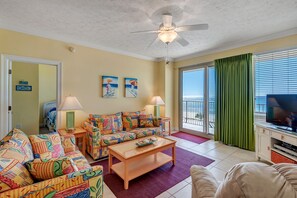 Condo, 2 Bedrooms | Living area | TV, DVD player - Oceanfront Condo with Spacious Balcony - Unit 0306 by RedAwning (Panama City Beach)