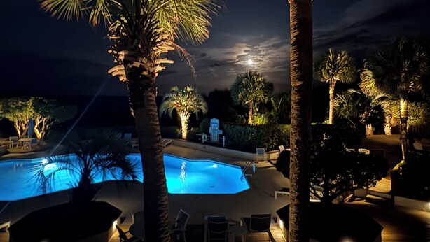 A nighttime pool area with palm trees and a moonlit sky. - Stunning pool and ocean views await you in this beautiful, convenient condo. (Wrightsville Beach)