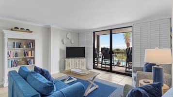 Télévision, lecteur de DVD, table de tennis de table, livres