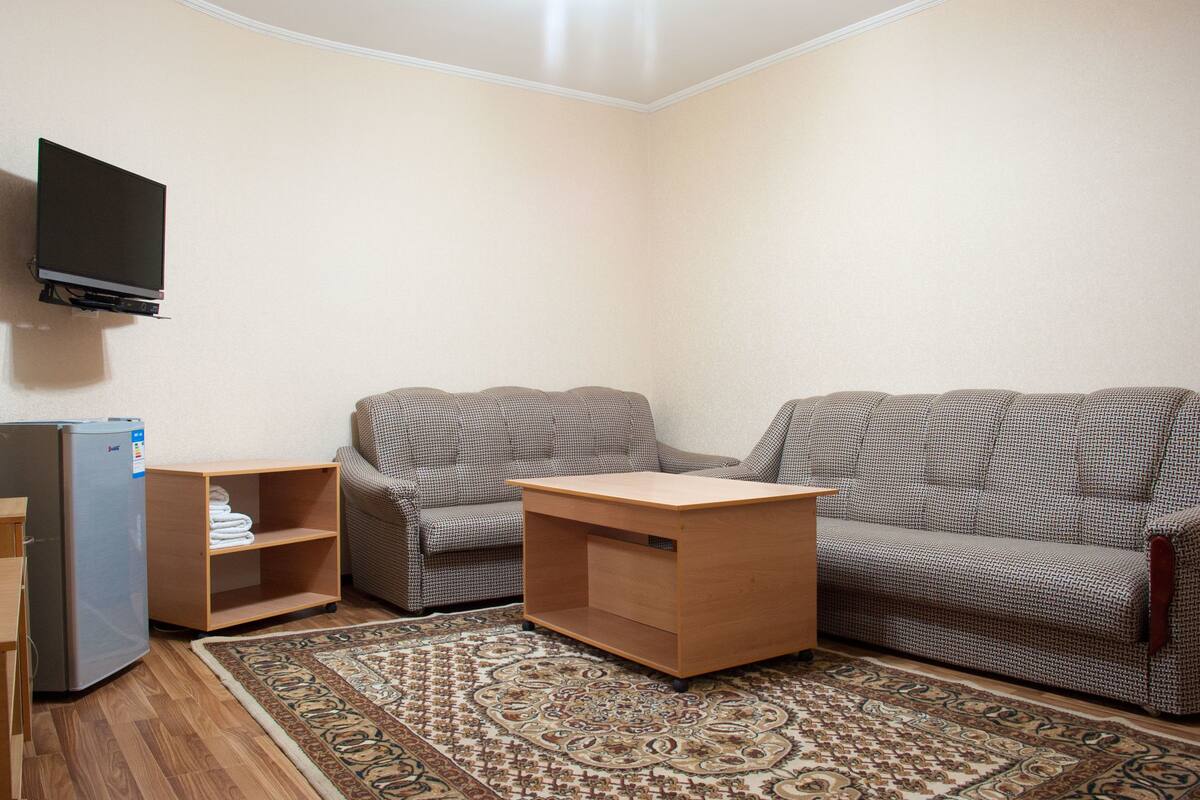 Una sala pequeña con dos sofás grises de estampado, una mesa de centro de madera, un televisor montado en la pared y un refrigerador.