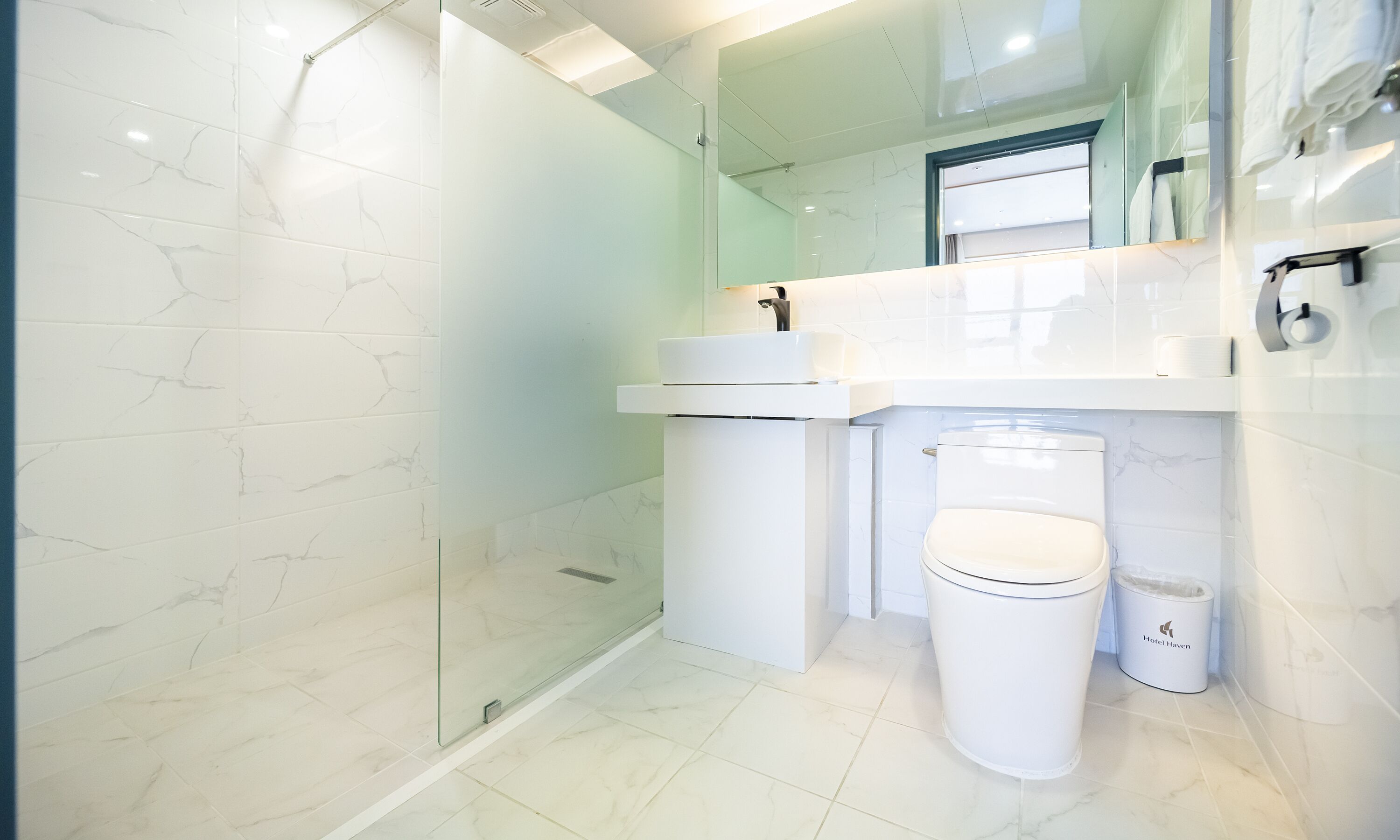 A modern bathroom with a glass shower enclosure, a white sink, and a toilet.