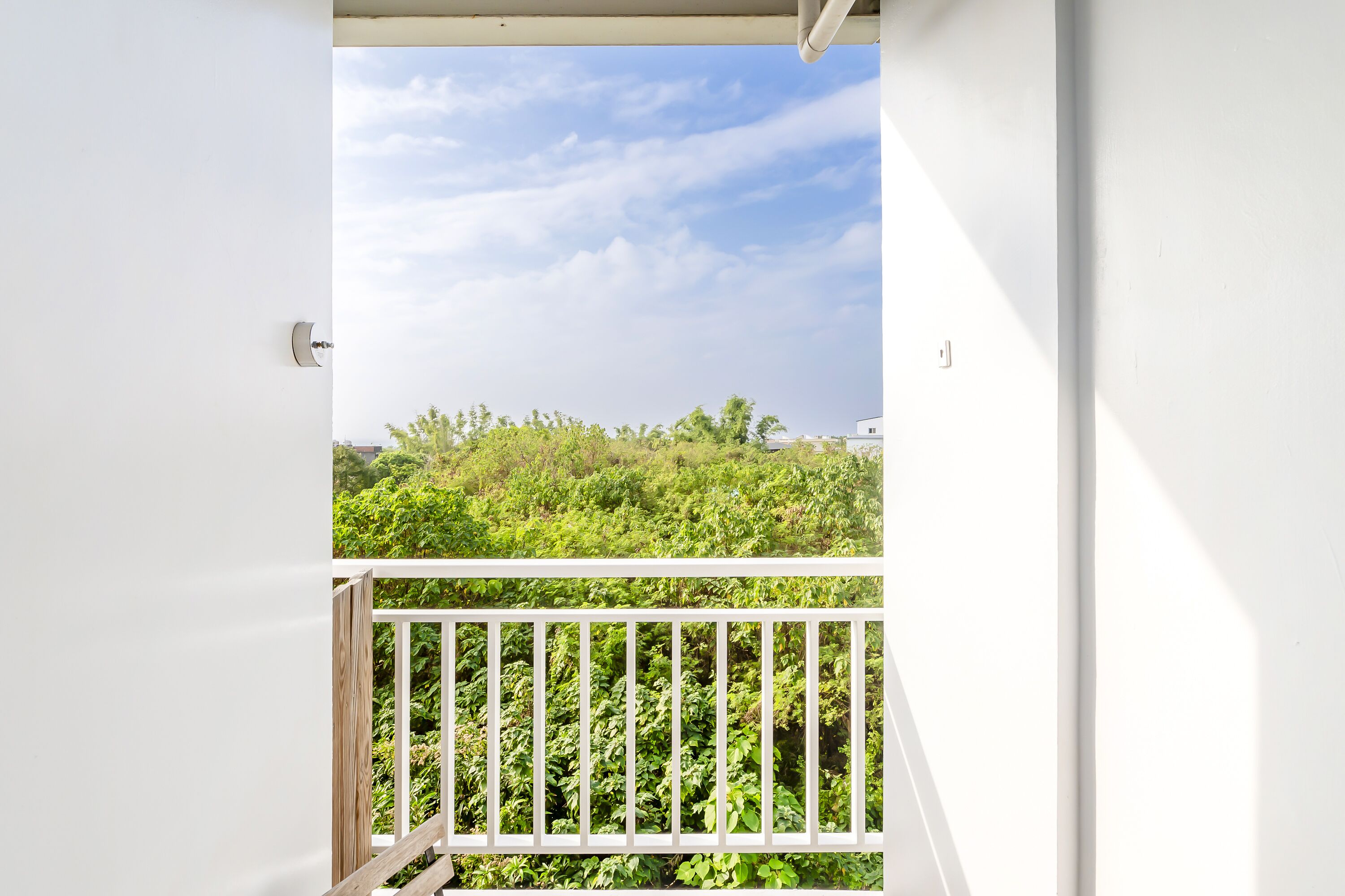 A balcony with a white railing overlooking a lush green garden and a clear sky.