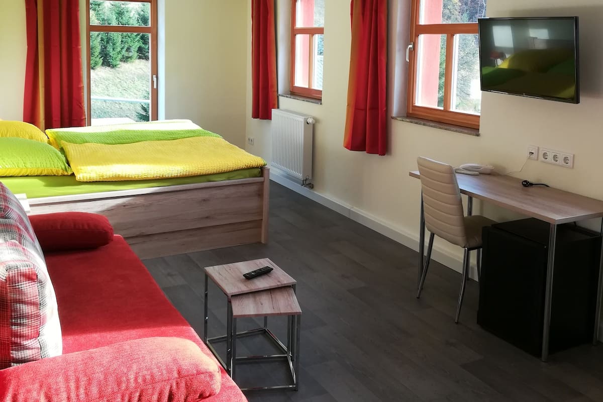 Ein Zimmer mit einem Bett, einem Schreibtisch, einem Fernseher und einer Couch.