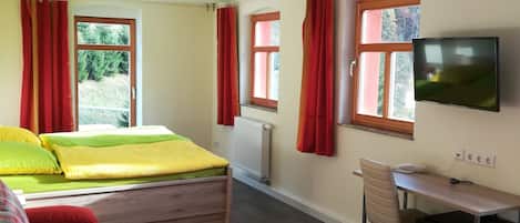 A room with a bed, a desk, a TV, and a couch.