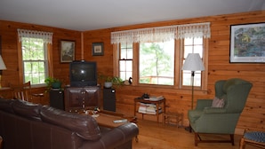 A wooden cabin interior with a leather sofa, a television, a lamp, and a green armchair. - Three month rental minimum.   (Greenland)