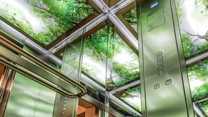 An elevator with metallic walls and a ceiling that has a tree canopy design. - Venis Boutique Hotel (Bucharest)