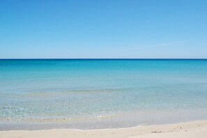 On the beach, sun-loungers