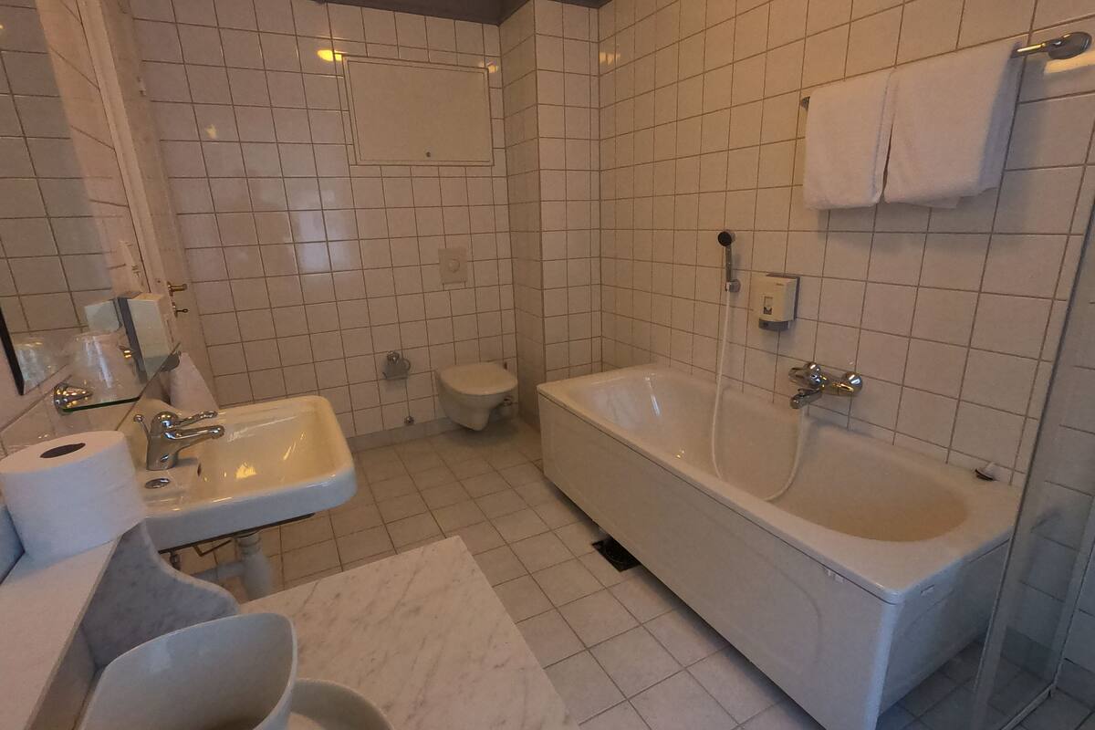 dobbeltrom suite | bathroom | hair dryer, towels