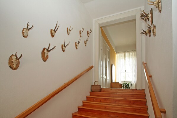 Una escalera con barandas de madera y un muro decorado con cráneos de animales.