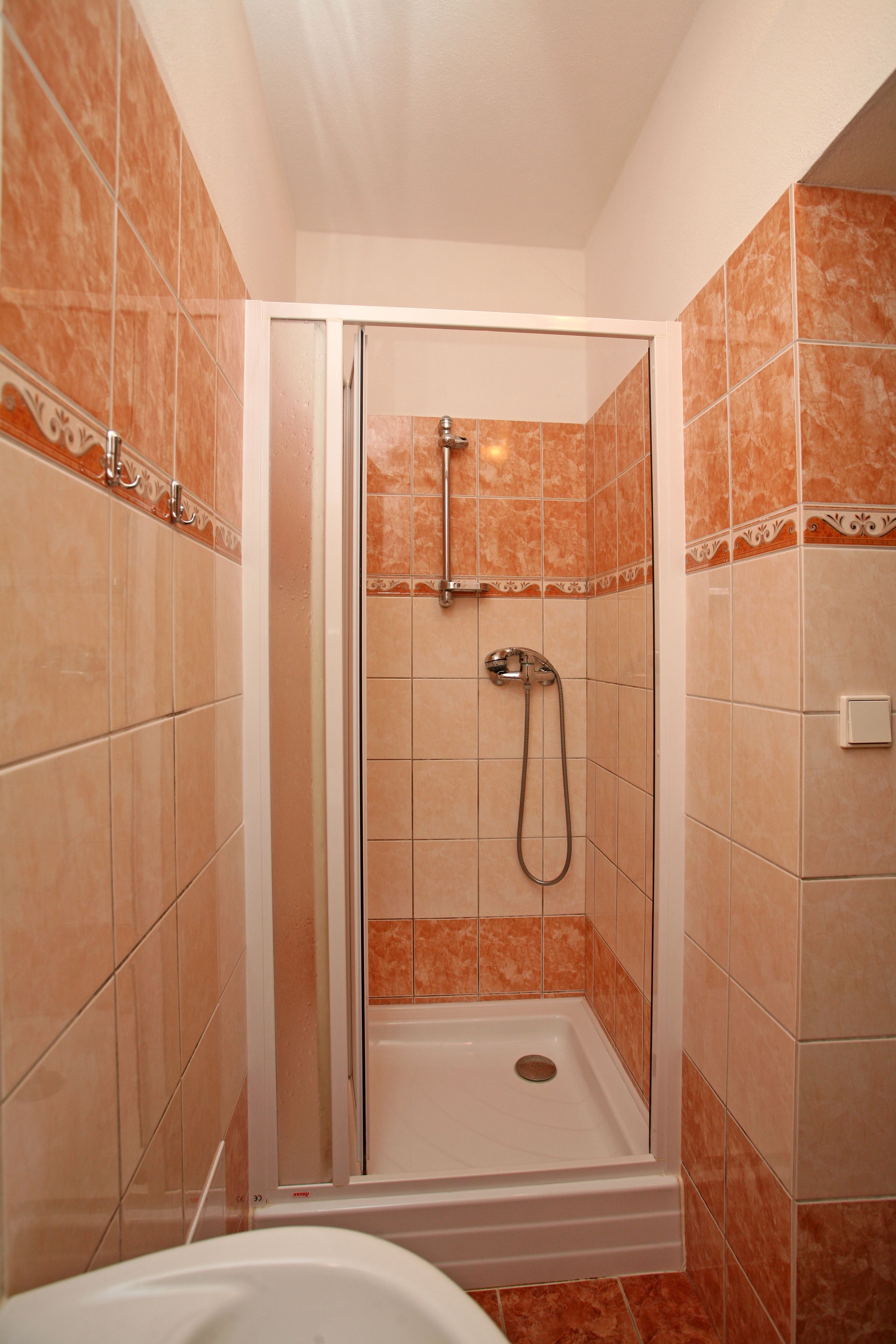 A shower with a glass door, a handheld showerhead, and a wall-mounted faucet.
