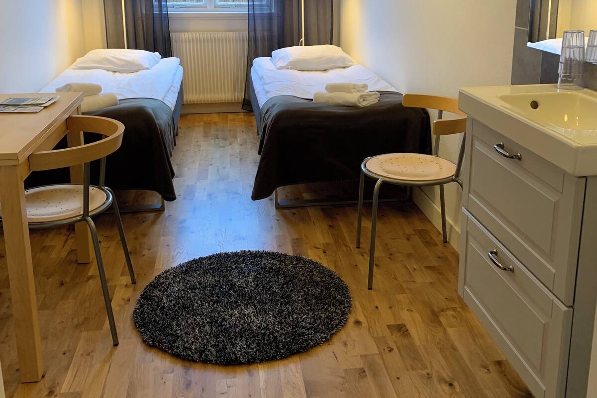 A hotel room with two beds, a desk, a chair, a round rug, a sink, and a window with curtains.