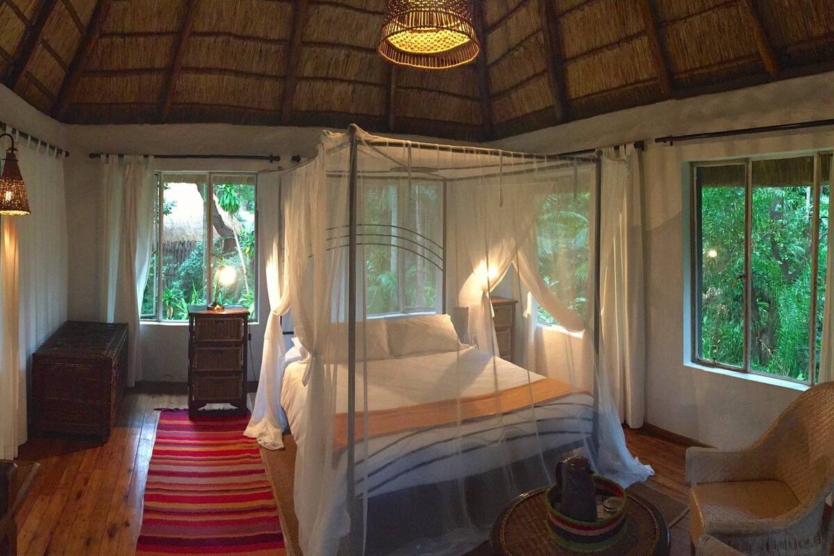 A room with a bed under a mosquito net, a wooden dresser, a chair, and a window with a view of greenery.