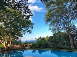 Una piscina rodeada de árboles y un cielo despejado.
