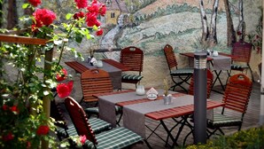 Een buitenruimte met tafels en stoelen, een muurschildering op de muur en rode bloemen op de voorgrond.