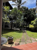A courtyard with a pathway, a palm tree, and a building with a balcony.
