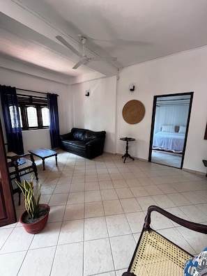 Un salon avec un canapé en cuir noir, une table basse en bois, une plante en pot, un fauteuil en osier et un ventilateur de plafond.