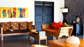 Flat-screen TV, DVD player, books, video library