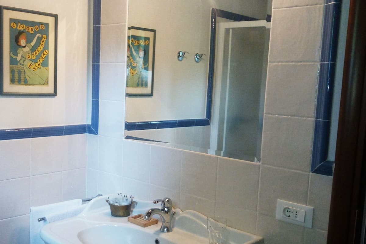 A bathroom with a white sink, a mirror with a blue frame, and two framed pictures on the wall.